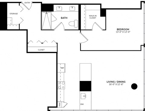 Floor plan for 1 bed, 1 bath, 995 sqft